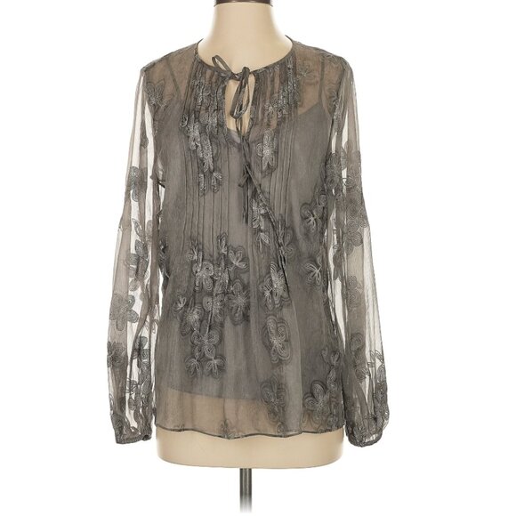 Elie Tahari grey chiffon Hallie blouse with floral embroidery, size S. - Picture 2 of 9